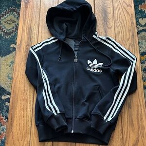 Vintage Adidas Black Hoodie track jacket with White Stripes
